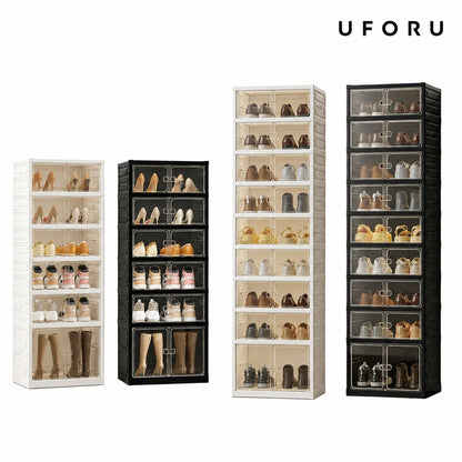 UFORU folding shoe rack, magnetic transparent door shoe cabinet, 9 layers, can store 18 pairs of shoes, simple design, large capacity, sturdy and stackable plastic shoe cabinet, space-saving, no installation required