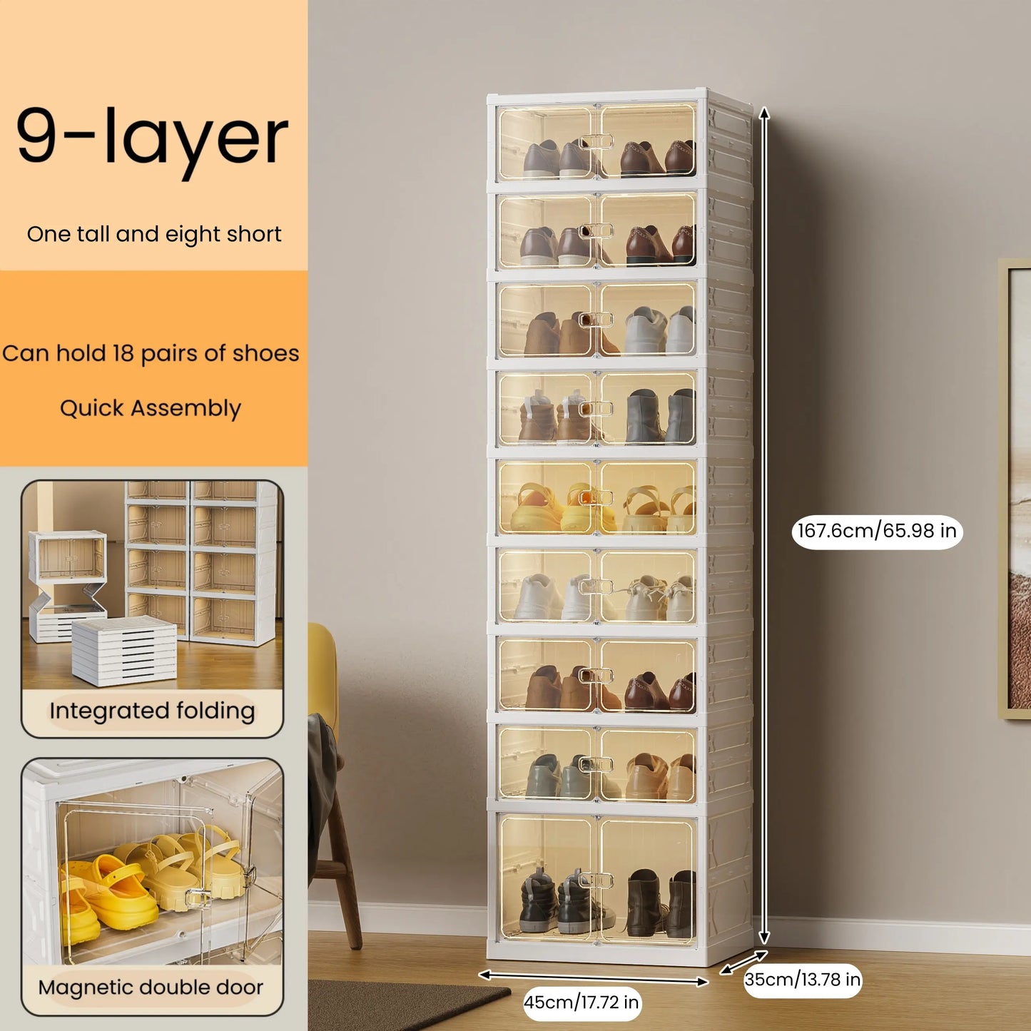 UFORU folding shoe rack, magnetic transparent door shoe cabinet, 9 layers, can store 18 pairs of shoes, simple design, large capacity, sturdy and stackable plastic shoe cabinet, space-saving, no installation required