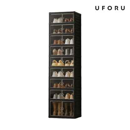 UFORU folding shoe rack, magnetic transparent door shoe cabinet, 9 layers, can store 18 pairs of shoes, simple design, large capacity, sturdy and stackable plastic shoe cabinet, space-saving, no installation required
