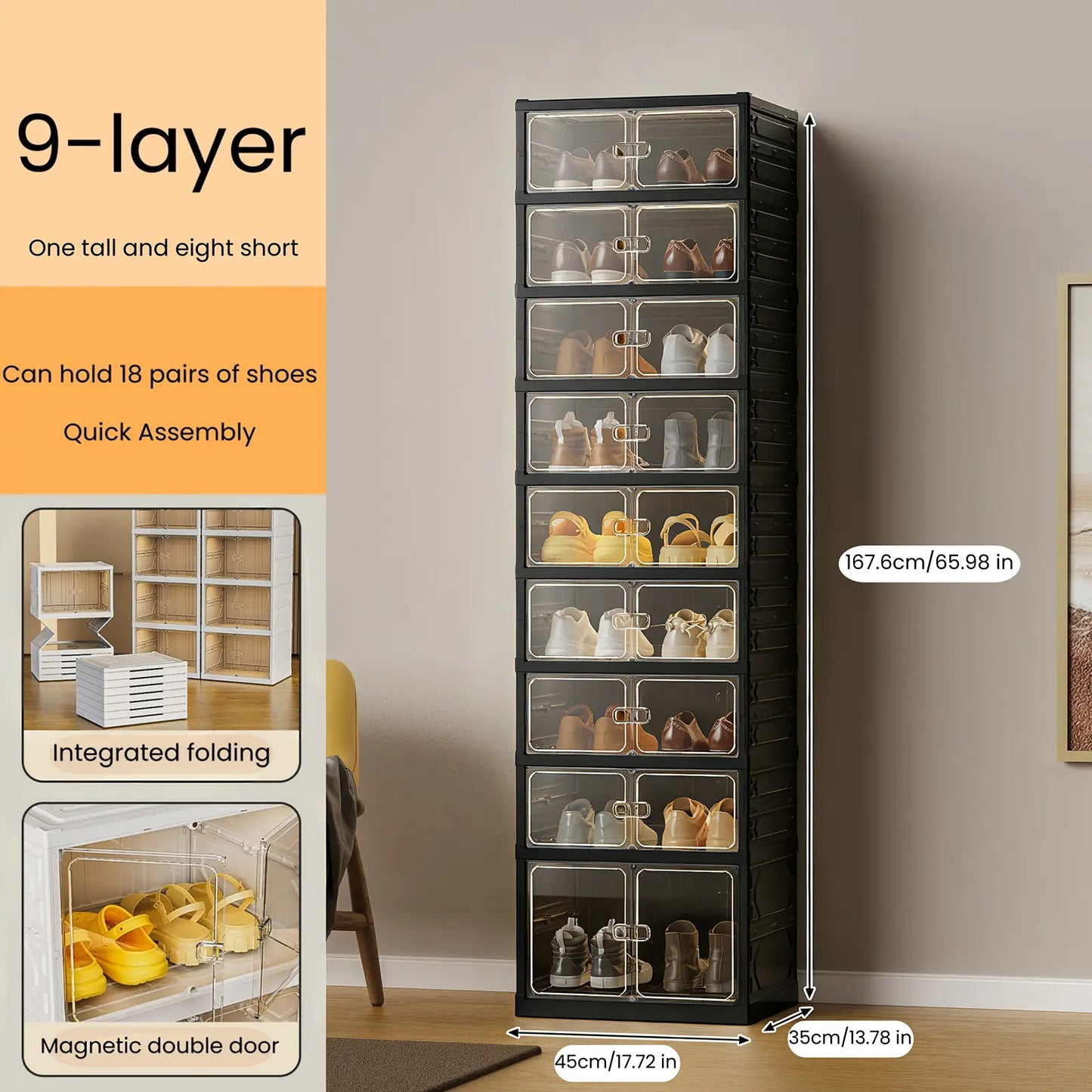 UFORU folding shoe rack, magnetic transparent door shoe cabinet, 9 layers, can store 18 pairs of shoes, simple design, large capacity, sturdy and stackable plastic shoe cabinet, space-saving, no installation required