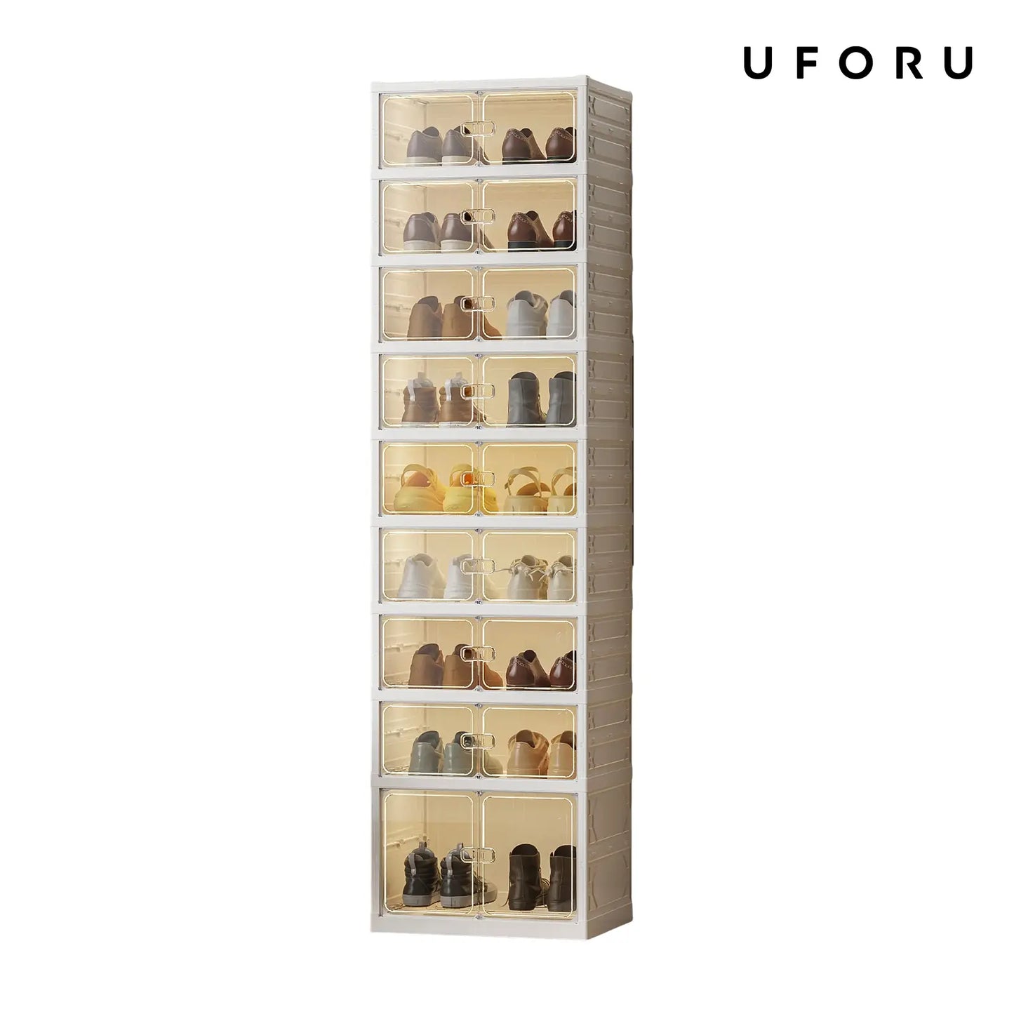 UFORU folding shoe rack, magnetic transparent door shoe cabinet, 9 layers, can store 18 pairs of shoes, simple design, large capacity, sturdy and stackable plastic shoe cabinet, space-saving, no installation required