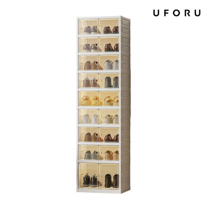 UFORU folding shoe rack, magnetic transparent door shoe cabinet, 9 layers, can store 18 pairs of shoes, simple design, large capacity, sturdy and stackable plastic shoe cabinet, space-saving, no installation required
