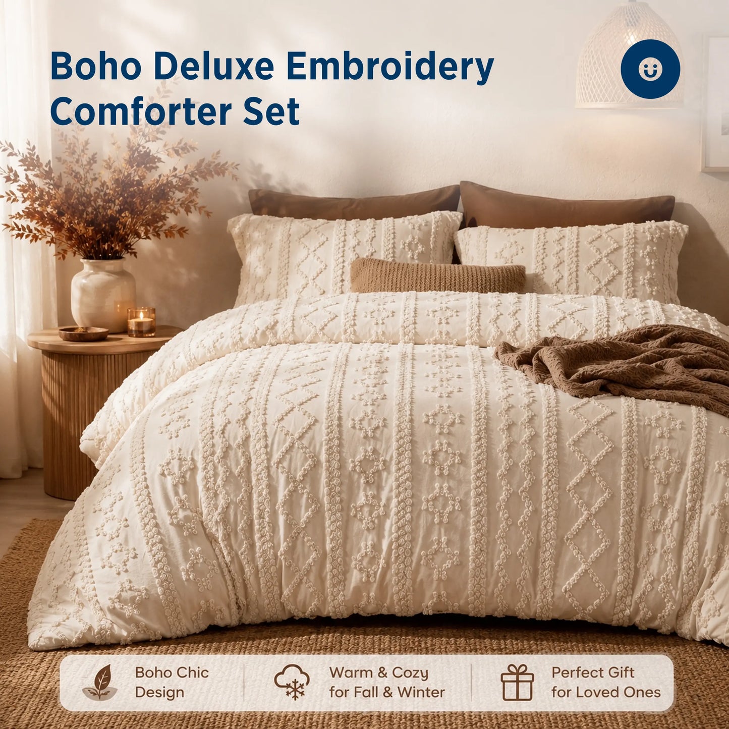Bedsure Tufted Boho 3‑Piece Comforter Set, GentleSoft Embroidery Jacquard Oversized Farmhouse Shabby Chic Bedding for All Seasons