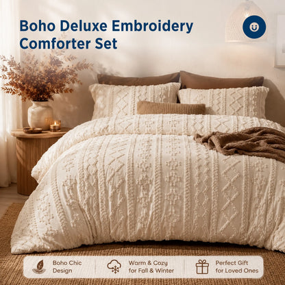 Bedsure Tufted Boho 3‑Piece Comforter Set, GentleSoft Embroidery Jacquard Oversized Farmhouse Shabby Chic Bedding for All Seasons