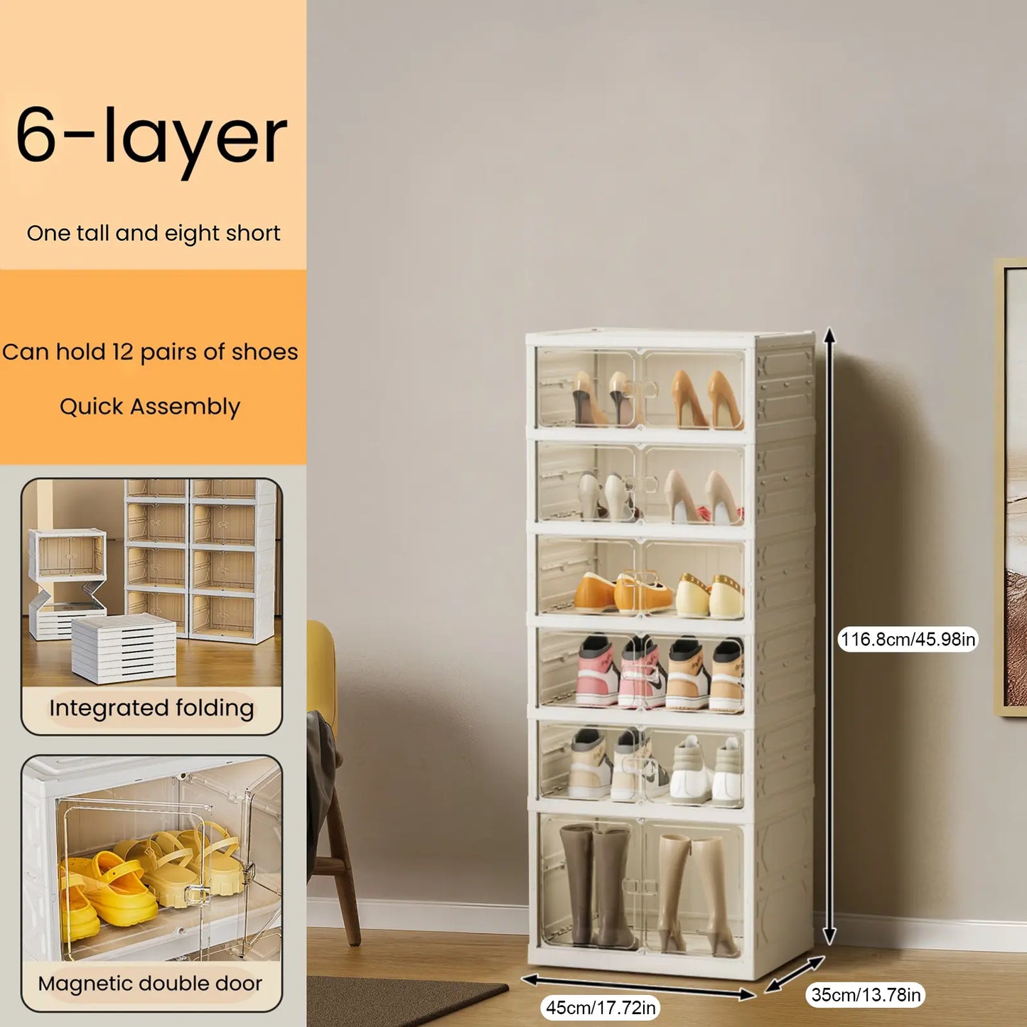 UFORU folding shoe rack, magnetic transparent door shoe cabinet, 9 layers, can store 18 pairs of shoes, simple design, large capacity, sturdy and stackable plastic shoe cabinet, space-saving, no installation required