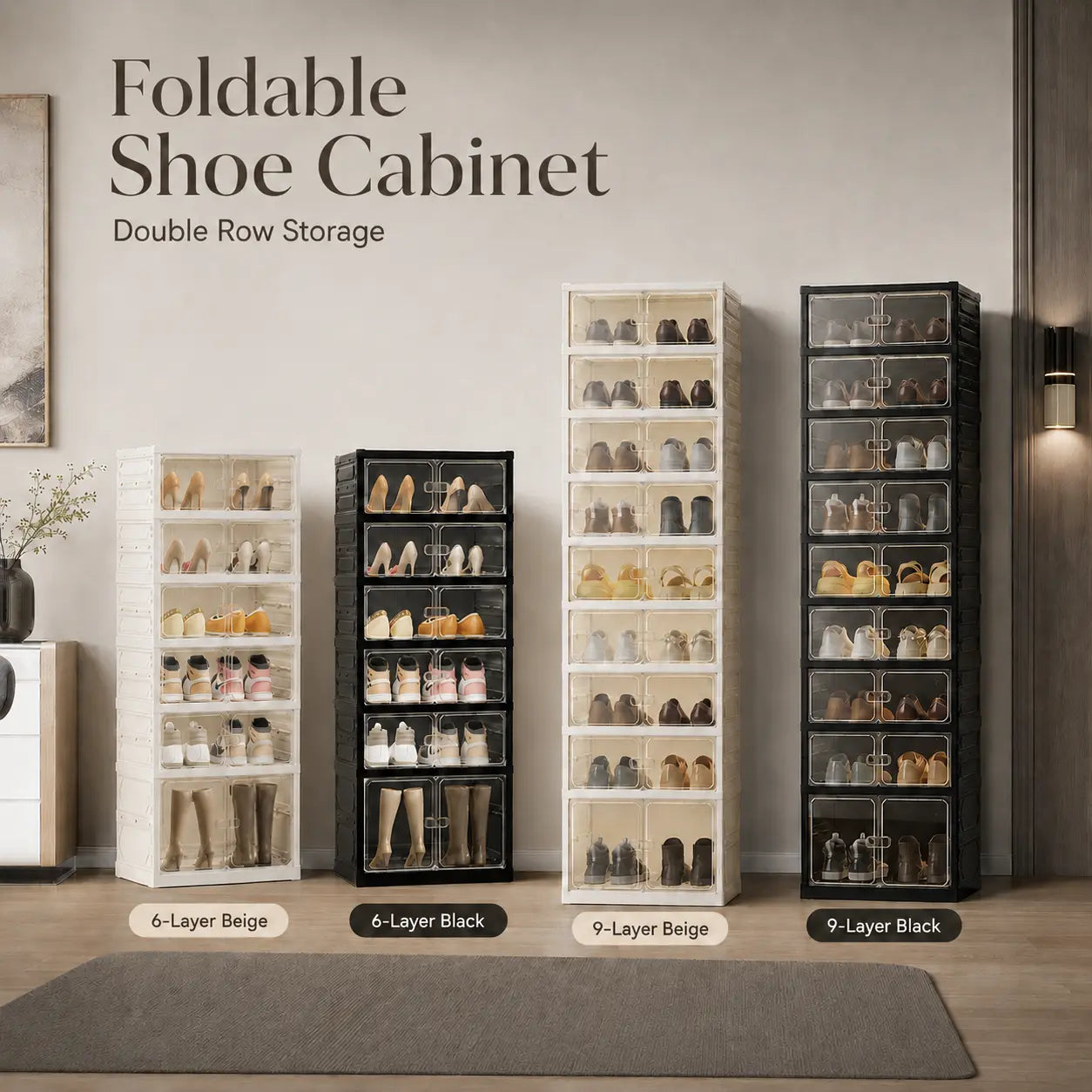 UFORU folding shoe rack, magnetic transparent door shoe cabinet, 9 layers, can store 18 pairs of shoes, simple design, large capacity, sturdy and stackable plastic shoe cabinet, space-saving, no installation required