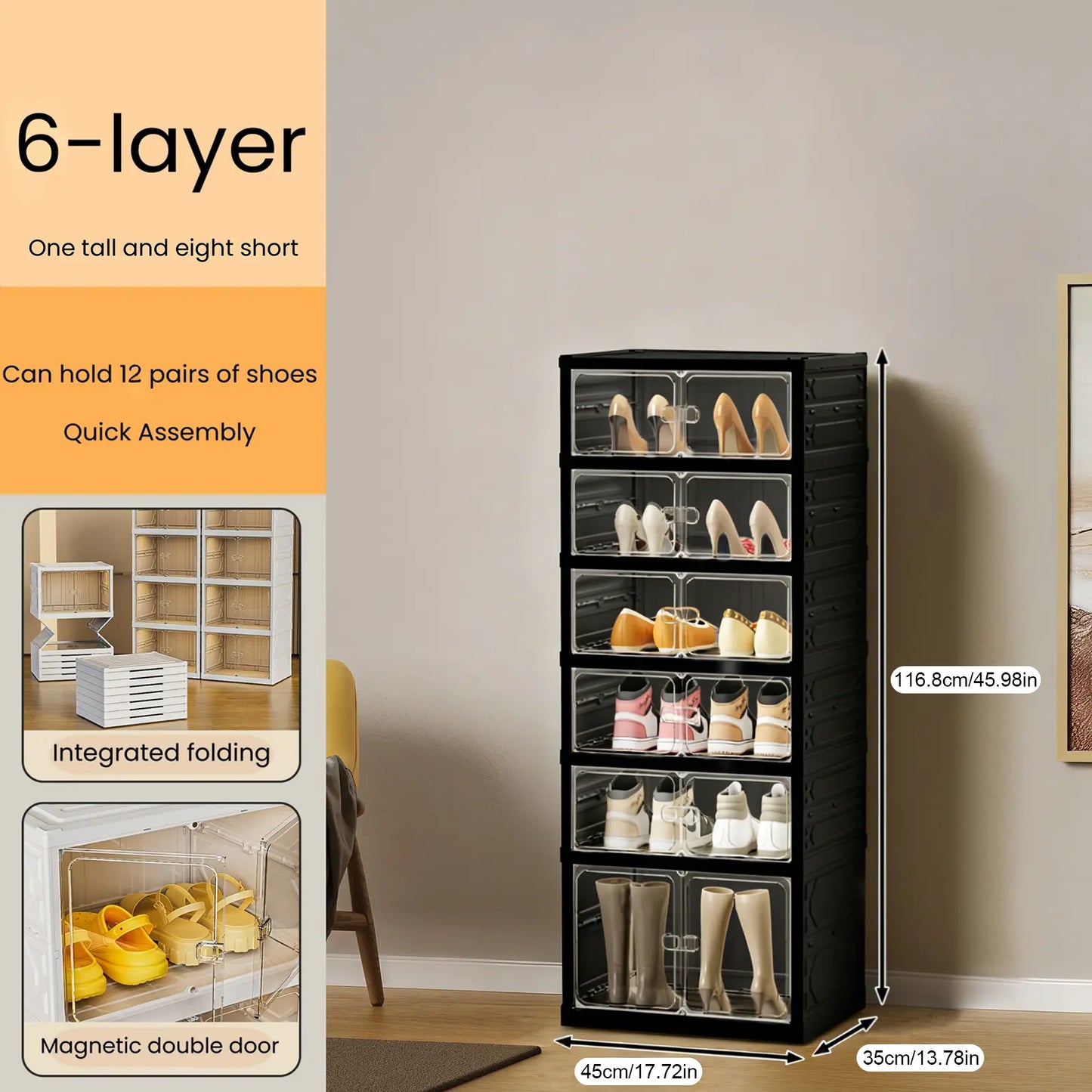 UFORU folding shoe rack, magnetic transparent door shoe cabinet, 9 layers, can store 18 pairs of shoes, simple design, large capacity, sturdy and stackable plastic shoe cabinet, space-saving, no installation required