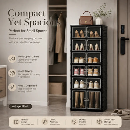 UFORU folding shoe rack, magnetic transparent door shoe cabinet, 9 layers, can store 18 pairs of shoes, simple design, large capacity, sturdy and stackable plastic shoe cabinet, space-saving, no installation required