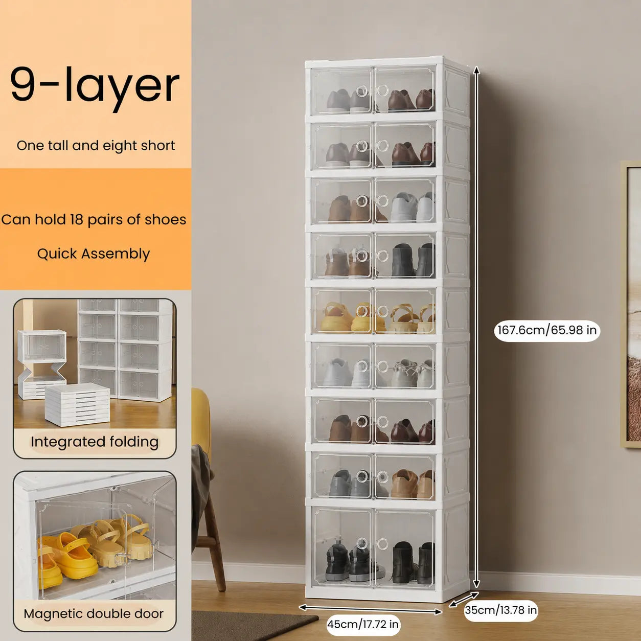 UFORU folding shoe rack, magnetic transparent door shoe cabinet, 9 layers, can store 18 pairs of shoes, simple design, large capacity, sturdy and stackable plastic shoe cabinet, space-saving, no installation required