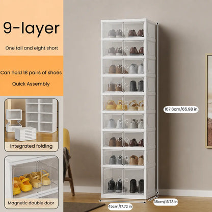 UFORU folding shoe rack, magnetic transparent door shoe cabinet, 9 layers, can store 18 pairs of shoes, simple design, large capacity, sturdy and stackable plastic shoe cabinet, space-saving, no installation required