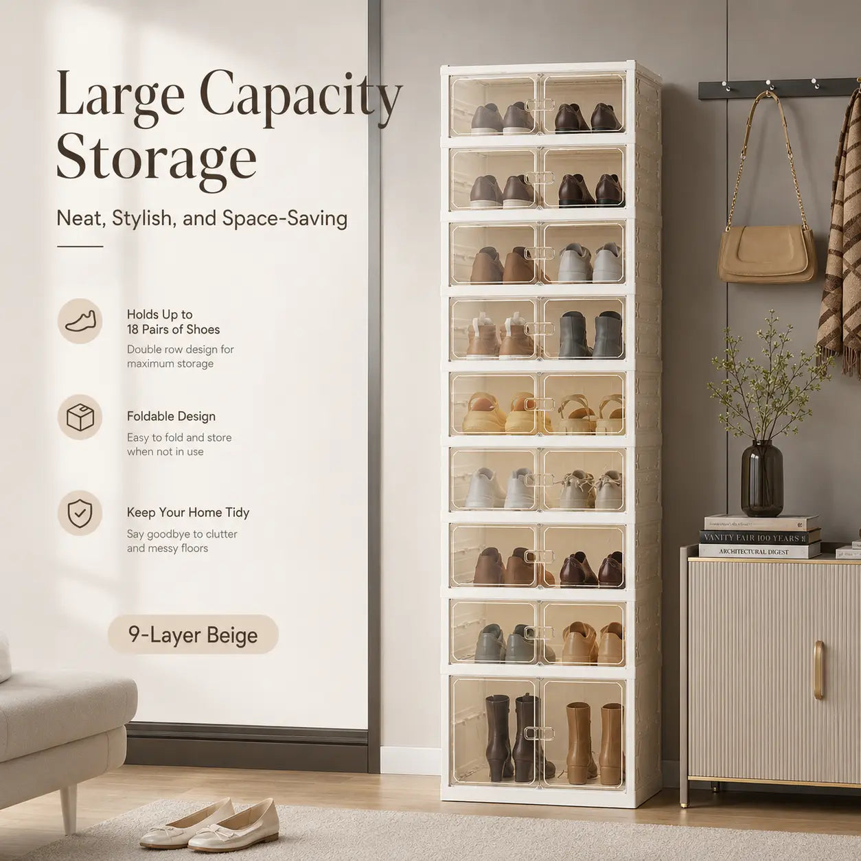 UFORU folding shoe rack, magnetic transparent door shoe cabinet, 9 layers, can store 18 pairs of shoes, simple design, large capacity, sturdy and stackable plastic shoe cabinet, space-saving, no installation required