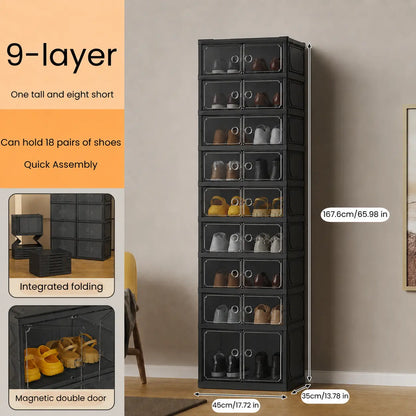 UFORU folding shoe rack, magnetic transparent door shoe cabinet, 9 layers, can store 18 pairs of shoes, simple design, large capacity, sturdy and stackable plastic shoe cabinet, space-saving, no installation required