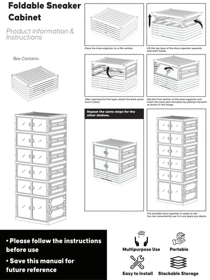 UFORU folding shoe rack, magnetic transparent door shoe cabinet, 9 layers, can store 18 pairs of shoes, simple design, large capacity, sturdy and stackable plastic shoe cabinet, space-saving, no installation required
