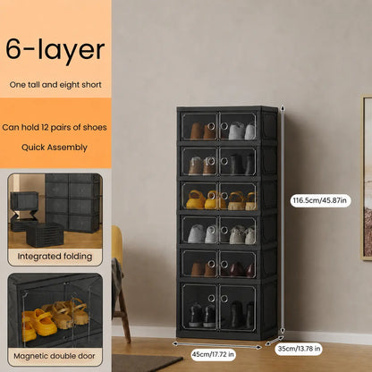 UFORU folding shoe rack, magnetic transparent door shoe cabinet, 9 layers, can store 18 pairs of shoes, simple design, large capacity, sturdy and stackable plastic shoe cabinet, space-saving, no installation required