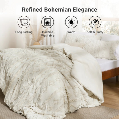 Bedsure Tufted Boho 3‑Piece Comforter Set, GentleSoft Embroidery Jacquard Oversized Farmhouse Shabby Chic Bedding for All Seasons
